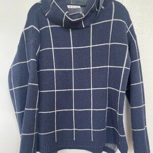 Kirundo Window Pane Cowl‎ Neck, Cozy Knit Sweater in White and Navy, Size Medium